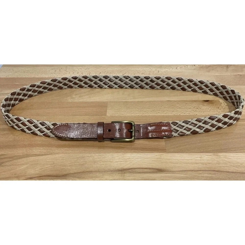 Trafalgar Mens Woven Belt 44 Brown Leather Jute Rope Casual‎ Brass Buckle USA